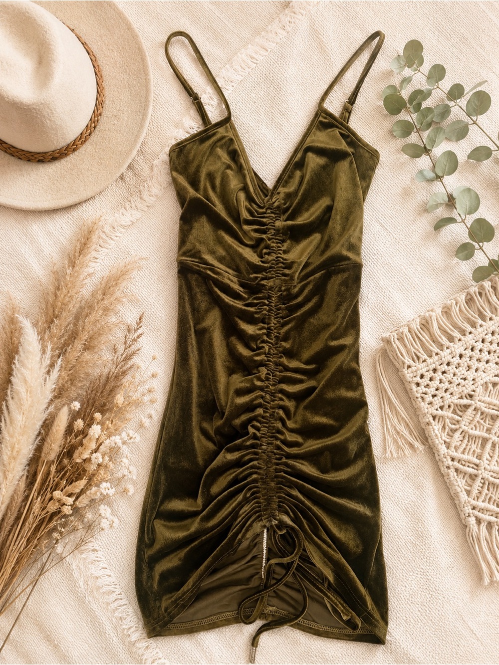 Ruched Olive Velvet Mini Dress with Spaghetti Straps